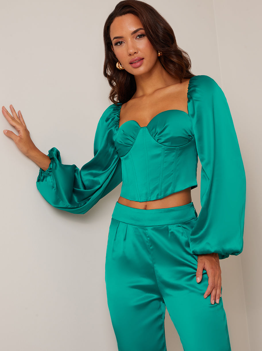 Chi Chi Long Sleeve Corset Style Top in Green, Size 14
