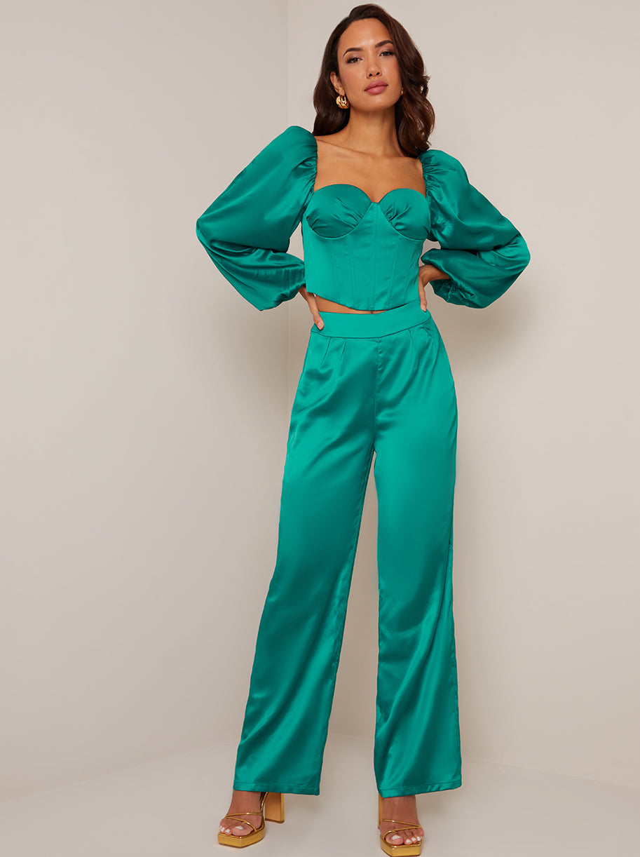 Chi Chi Satin Wide Leg Trousers in Green, Size 12