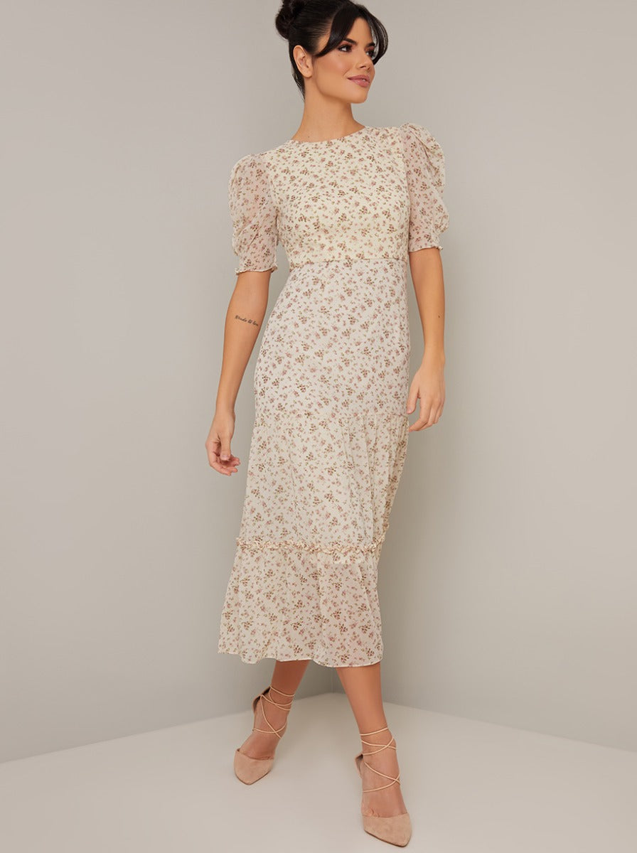 Puff Sleeve Floral Print Midi Dress in Cream – Chi Chi London