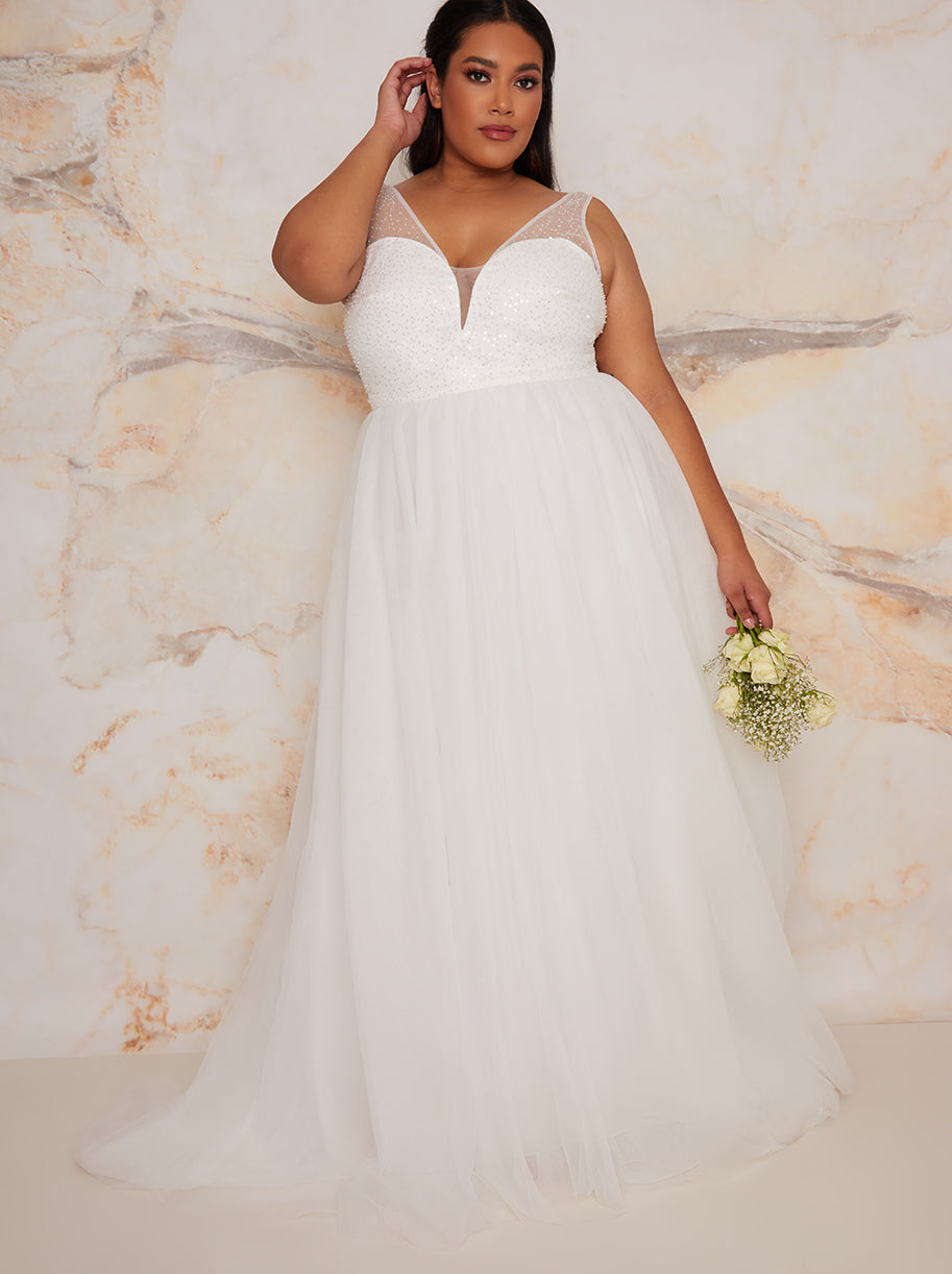 Plus Size Sequin Bodice Wedding Dress in White
