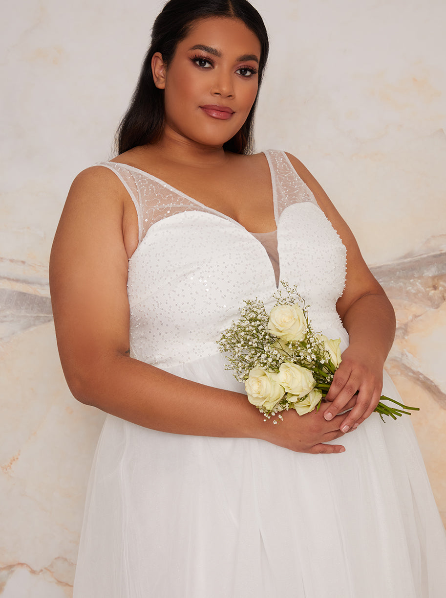 Plus Size Sequin Bodice Wedding Dress in White
