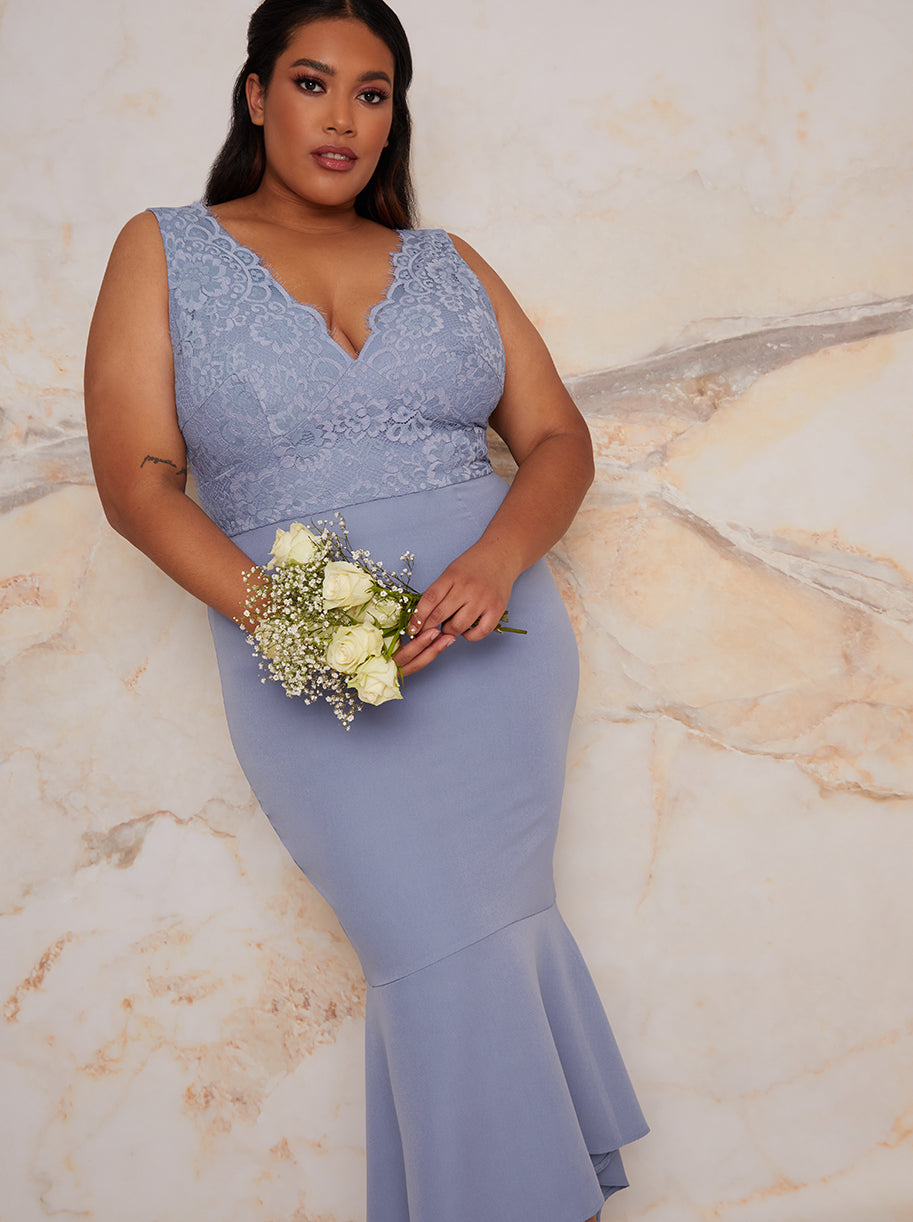 Plus Size Lace Bodycon Bridesmaid Dress With Peplum Hem In Blue