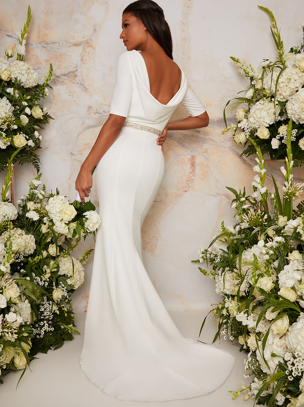 Flutter Sleeve Backless Lace Wedding Dress in White – Chi Chi London