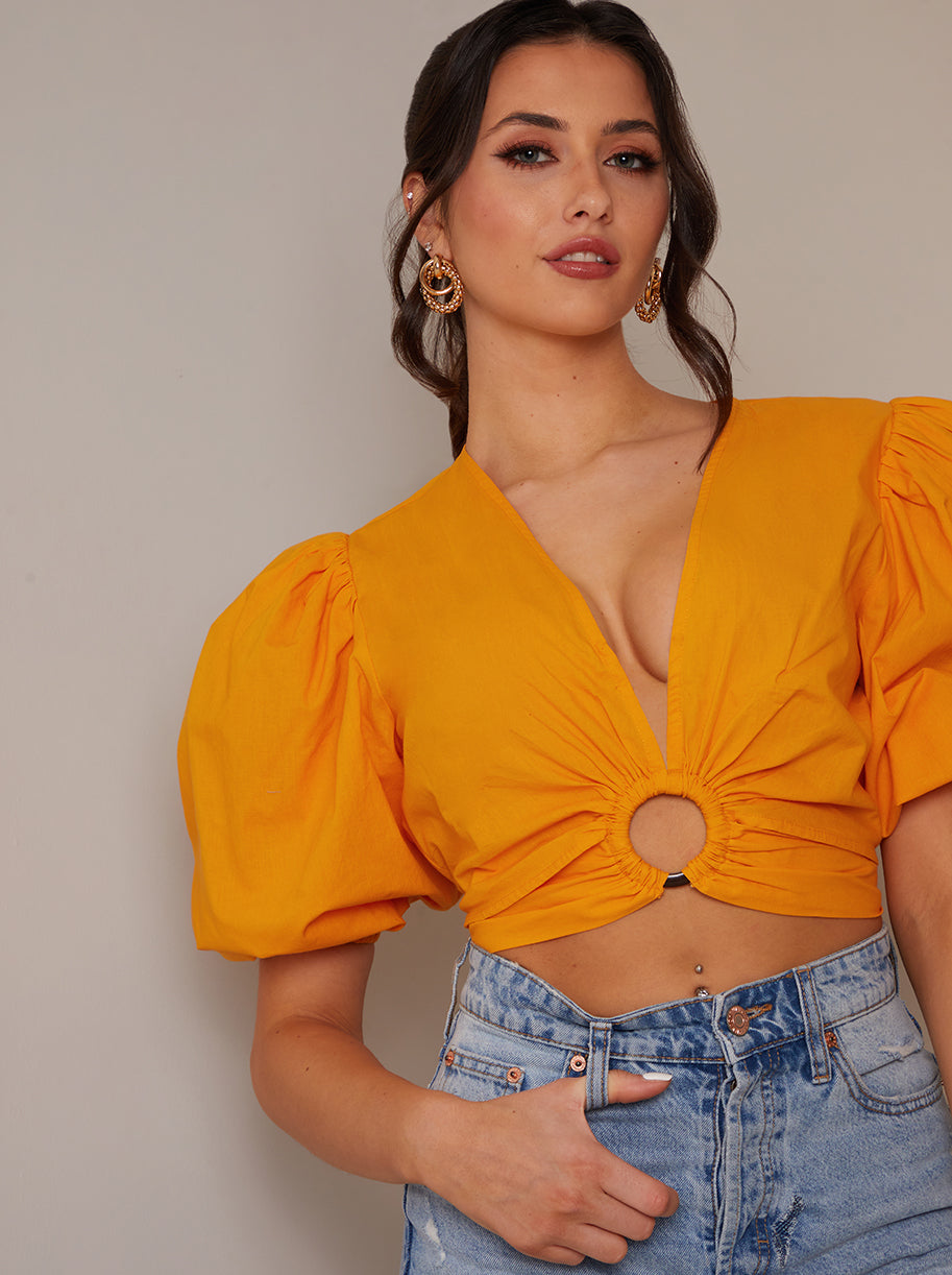 Chi Chi Ring Front Puff Sleeve Top in Orange, Size 6