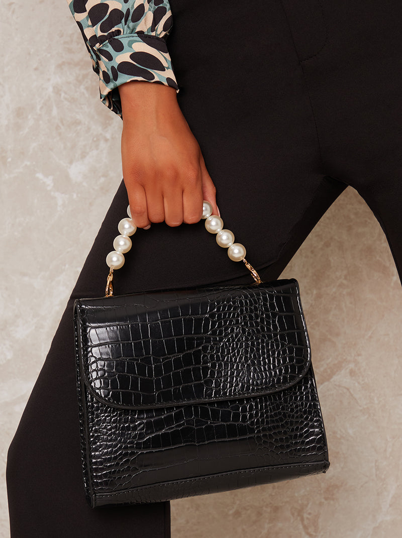 Faux Croc Pearl Handle Handbag in Black – Chi Chi London