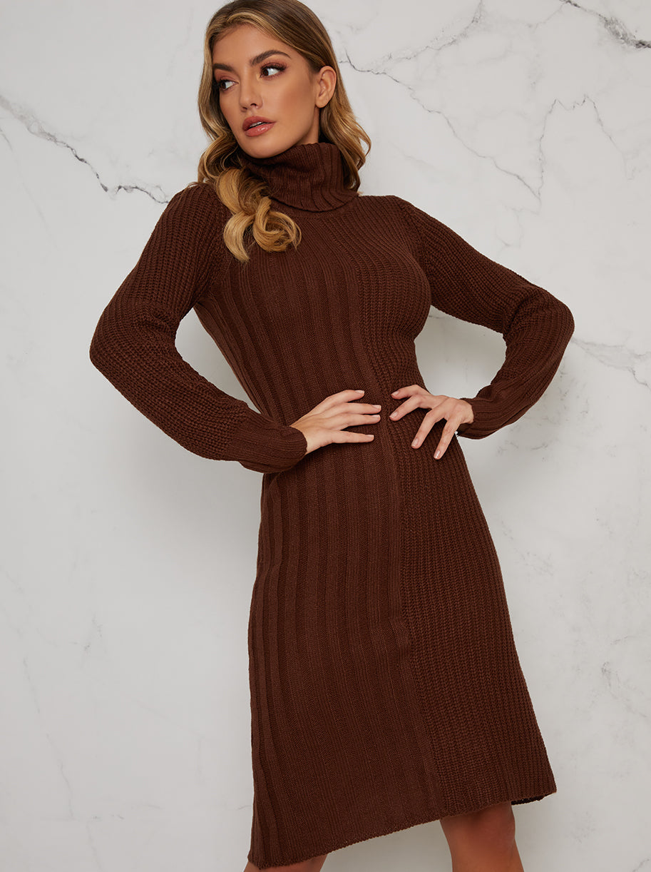 Knitted Rib Roll Neck Midi Jumper Dress in Brown Chi Chi London