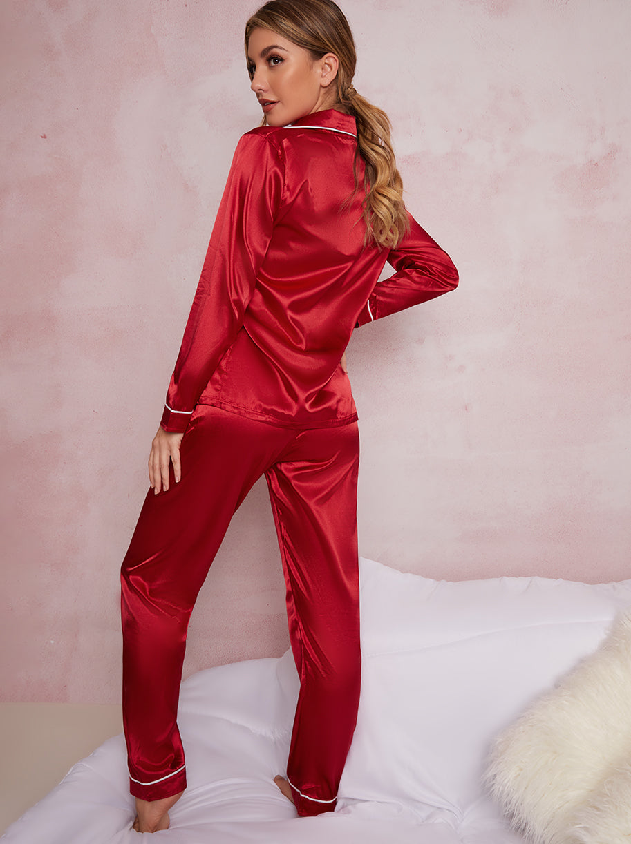 Satin Finish Piped Pyjama Set In Red Chi Chi London 