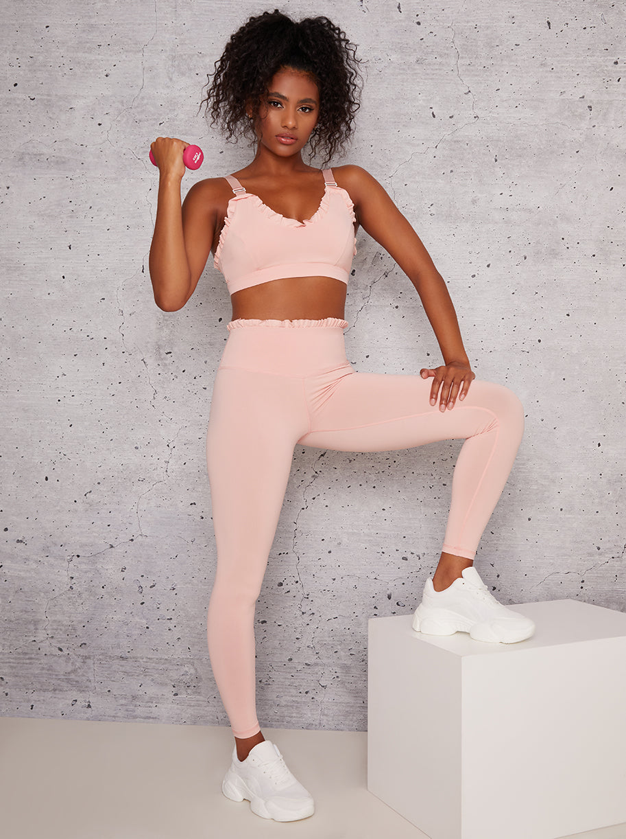 Chi Chi High Waist Frill Detail Sports Leggings in Pink, Large