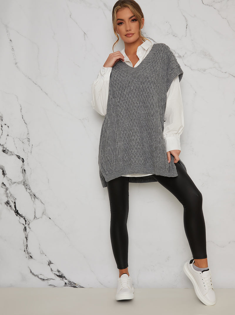 Chunky Cable Knit Oversized Sleeveless Tank Top in Grey Chi Chi London