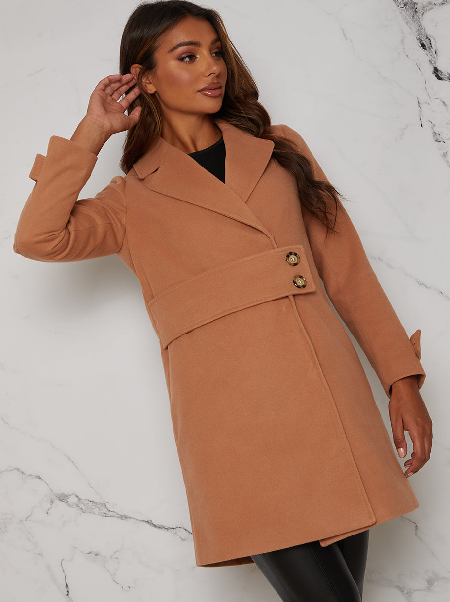 Chi Chi Structured Coat with Button-Up Waist Panel in Tan, Size 6