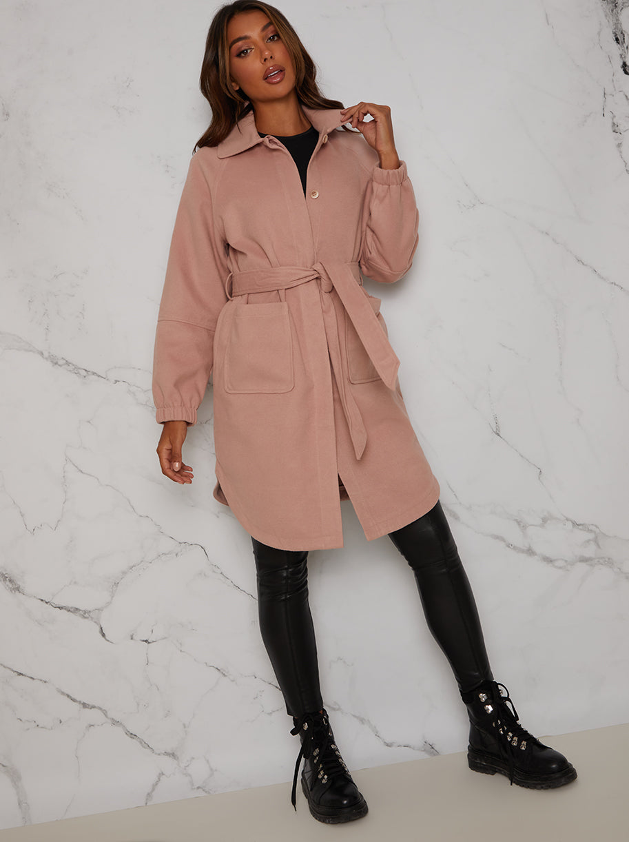 Chi Chi Oversized Puff Sleeve Coat with Tie Waist in Pink, Size 16