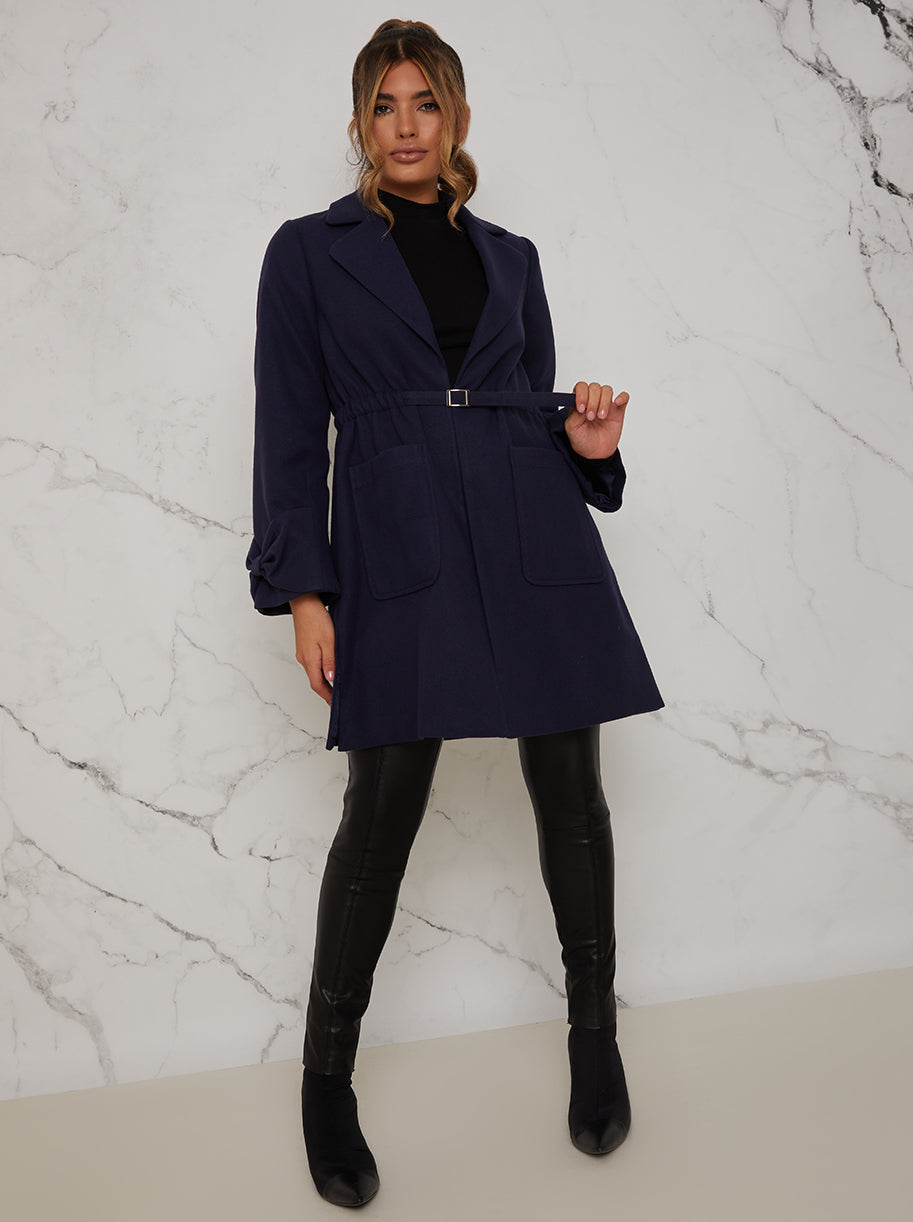 Chi Chi Structured Coat with Bow Sleeves and Belt in Navy, Size 16