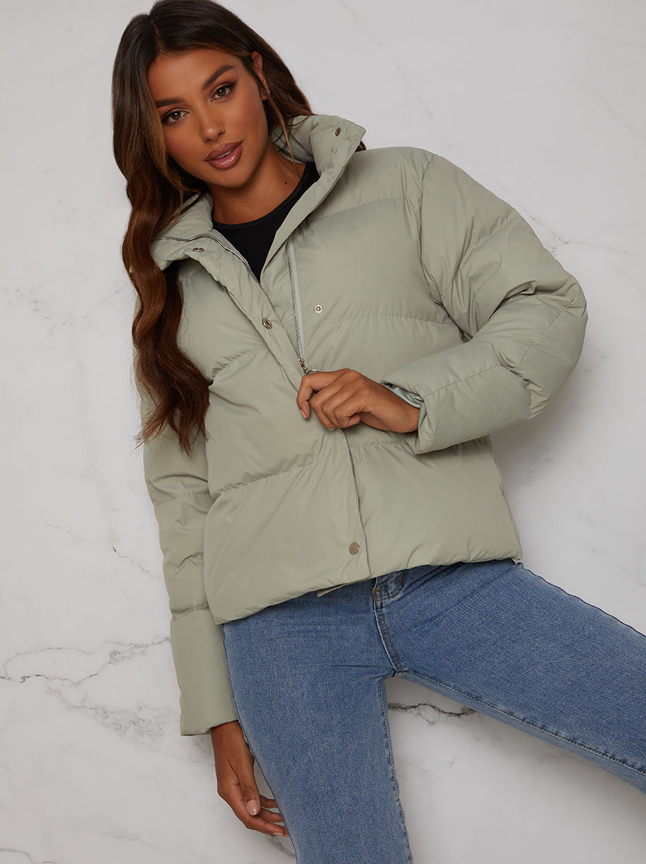 Chi Chi Cropped Padded Puffer Coat in Green, Size 14