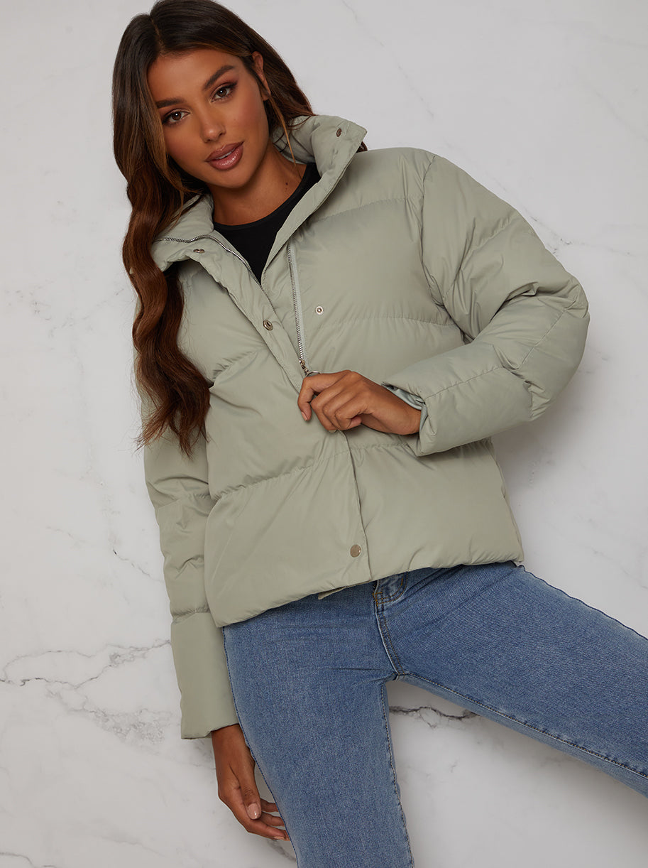 Chi Chi Cropped Padded Puffer Coat in Green, Size 8