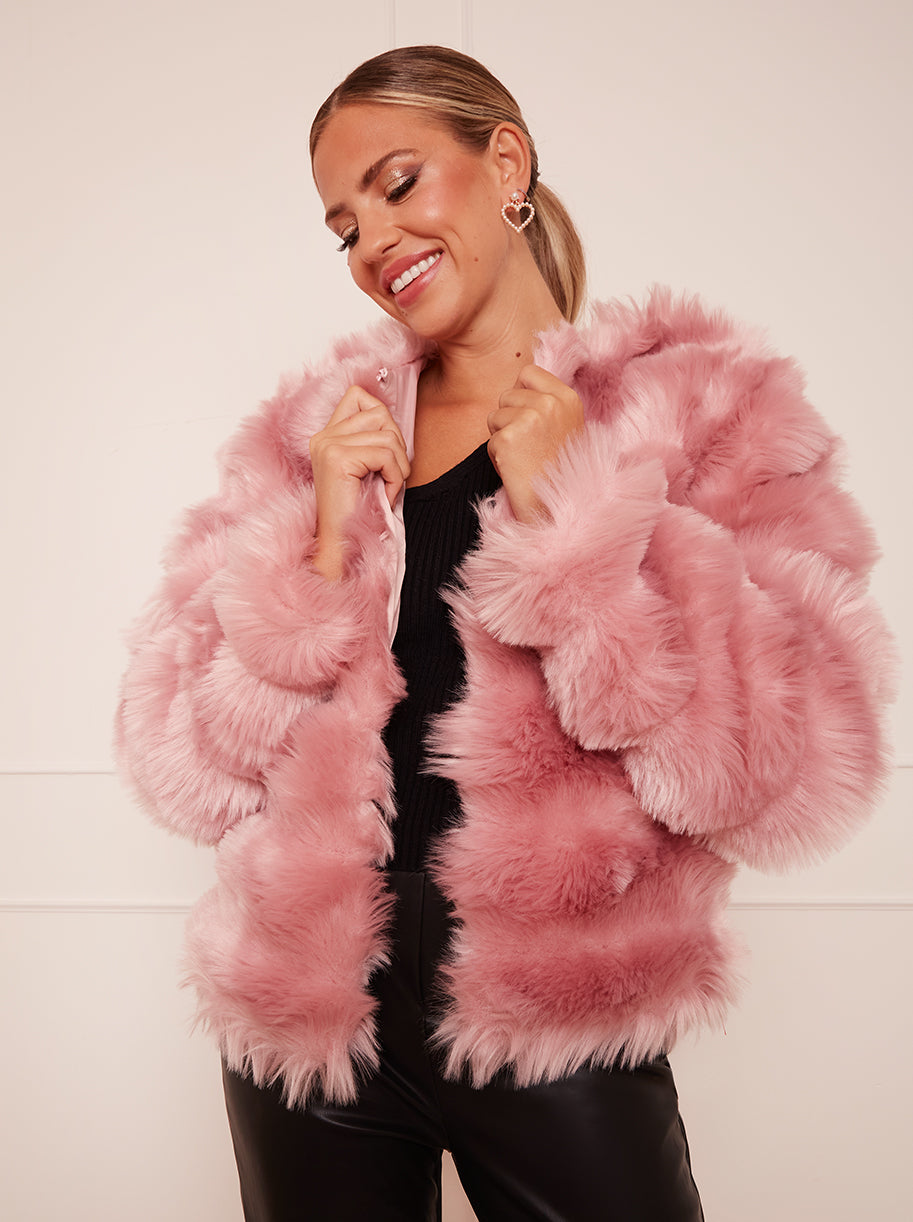 Chi Chi Textured Faux Fur Coat in Pink, Size 12