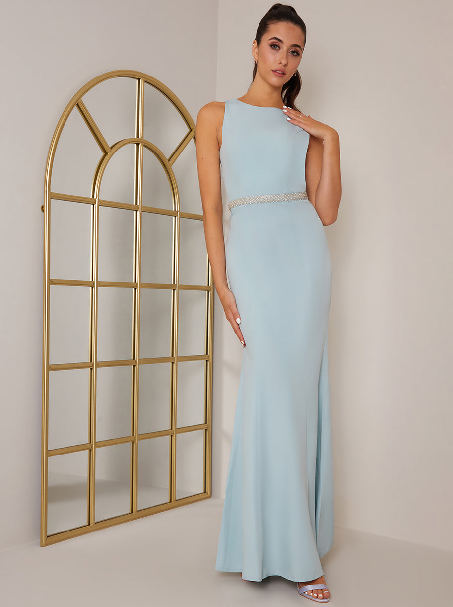 Chi Chi Open Back Diamante Waist Maxi Dress in Blue, Size 12