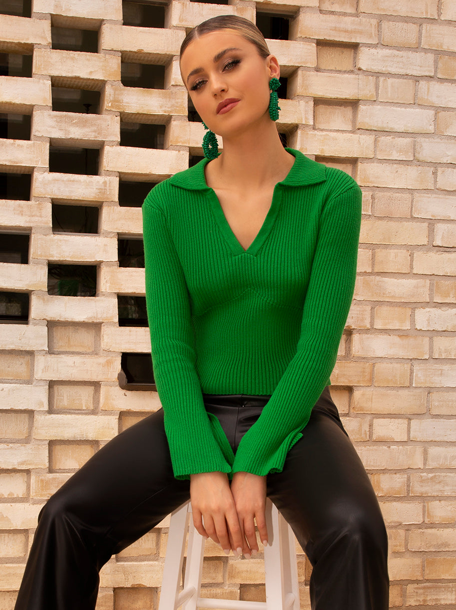 Chi Chi Flute Sleeve Knitted Rib Top in Green, Small