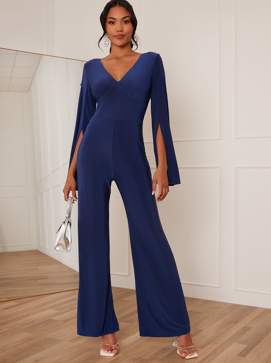 Chi Chi V Neck Split Sleeve Jumpsuit in Blue, Size 10