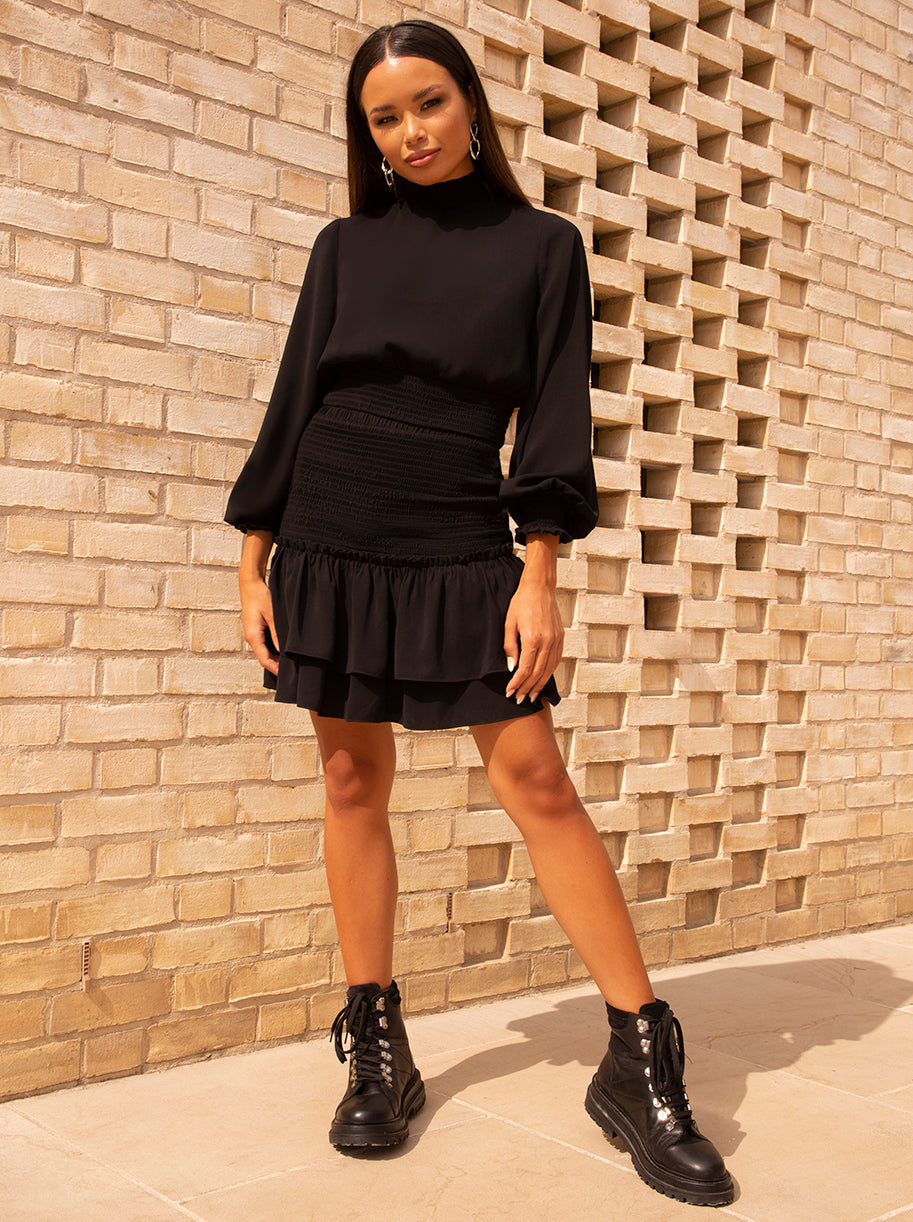 Chi Chi Shirred Ruffle Mini Skirt in Black, Size 12