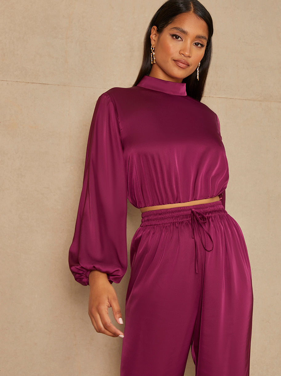 Chi Chi Long Sleeve High Neck Satin Top in Berry, Size 10