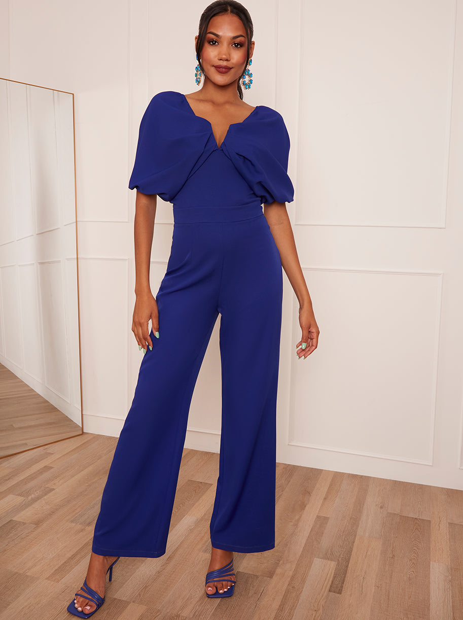 Chi Chi Drape Sleeve Wide Leg Jumpsuit in Blue, Size 6