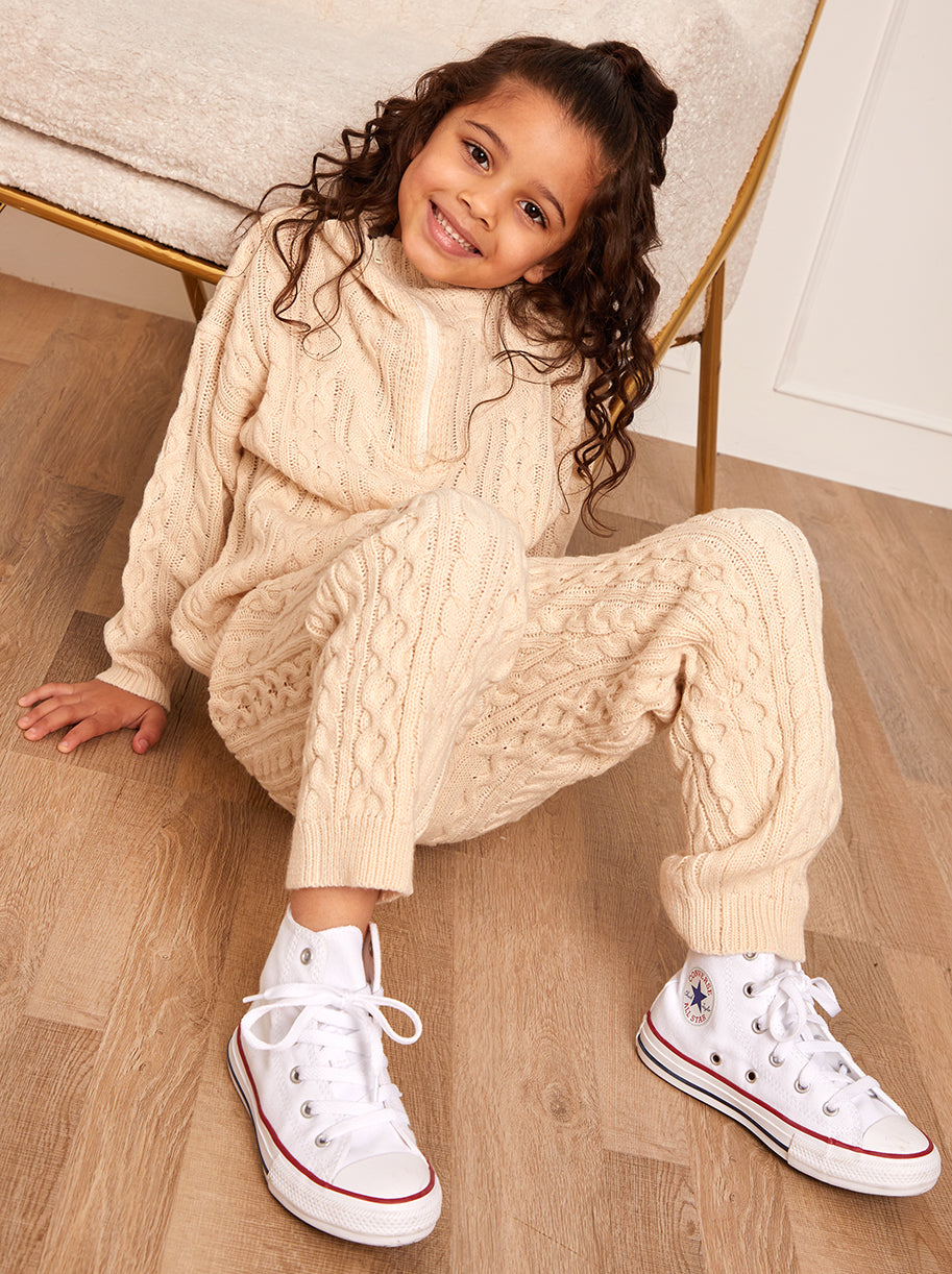 Chi Chi Roll Neck Zip Up Cable Knit Loungewear Set in Cream, Small