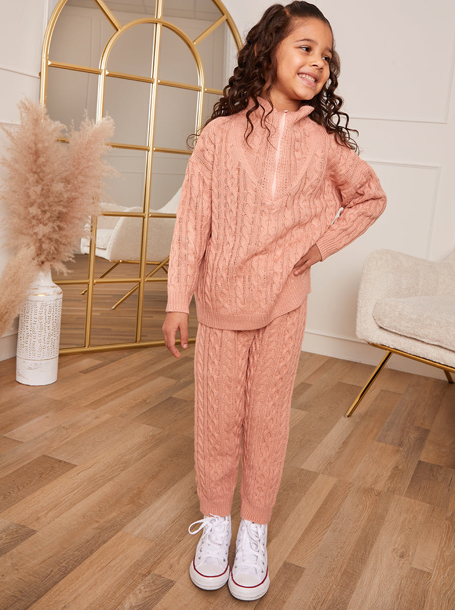 Chi Chi Roll Neck Zip Up Cable Knit Loungewear Set in Pink, Small