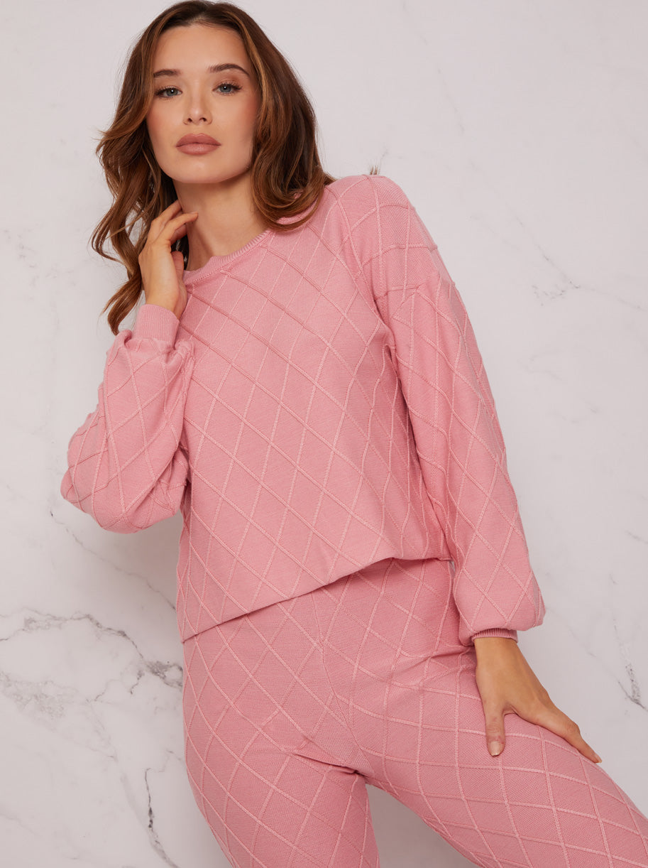 Chi Chi Diamond Stitch Loungewear Set in Pink, Medium