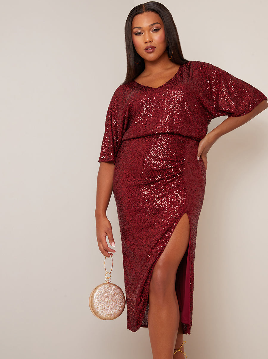 V Neck Sequin Midi Dress in Red

