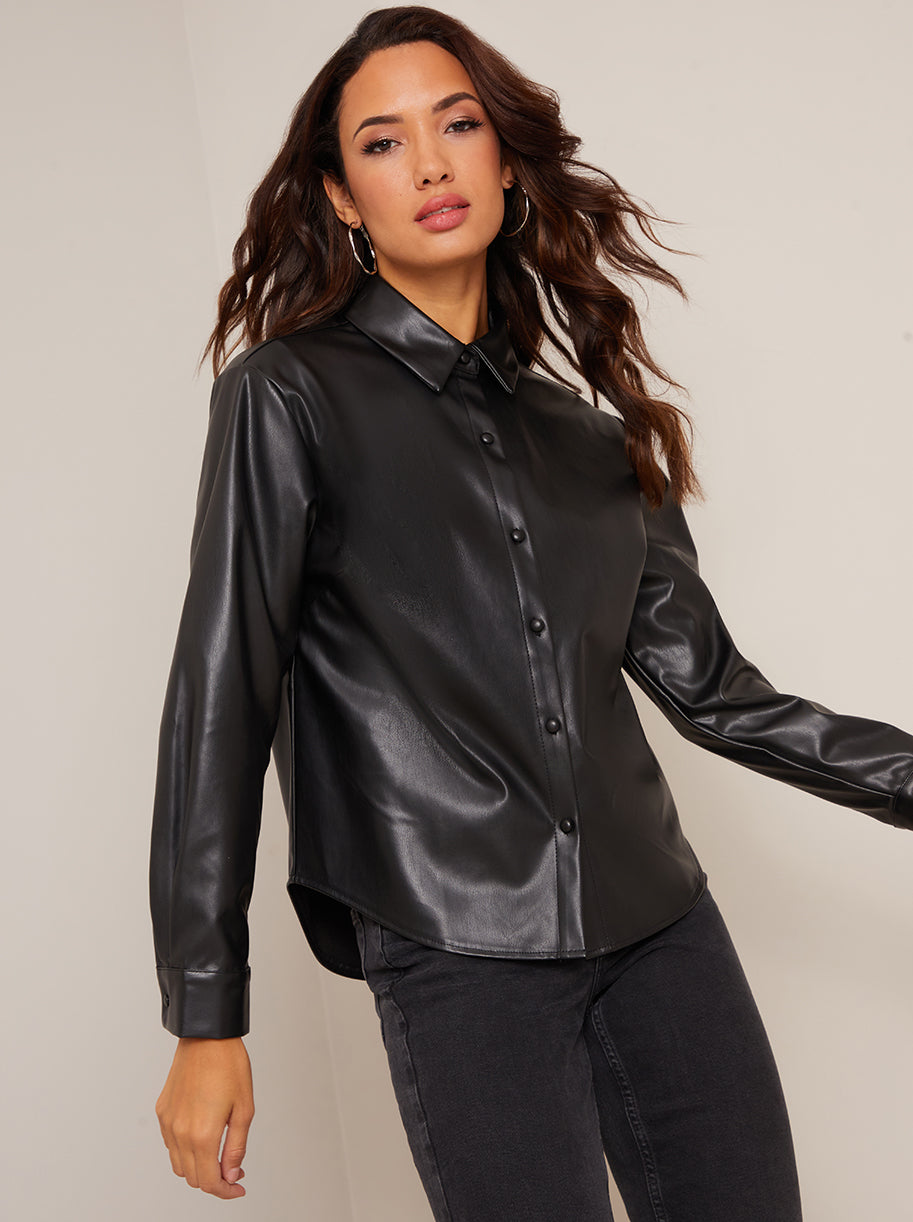 Chi Chi Long Sleeve Faux Leather Shirt in Black, Size 6