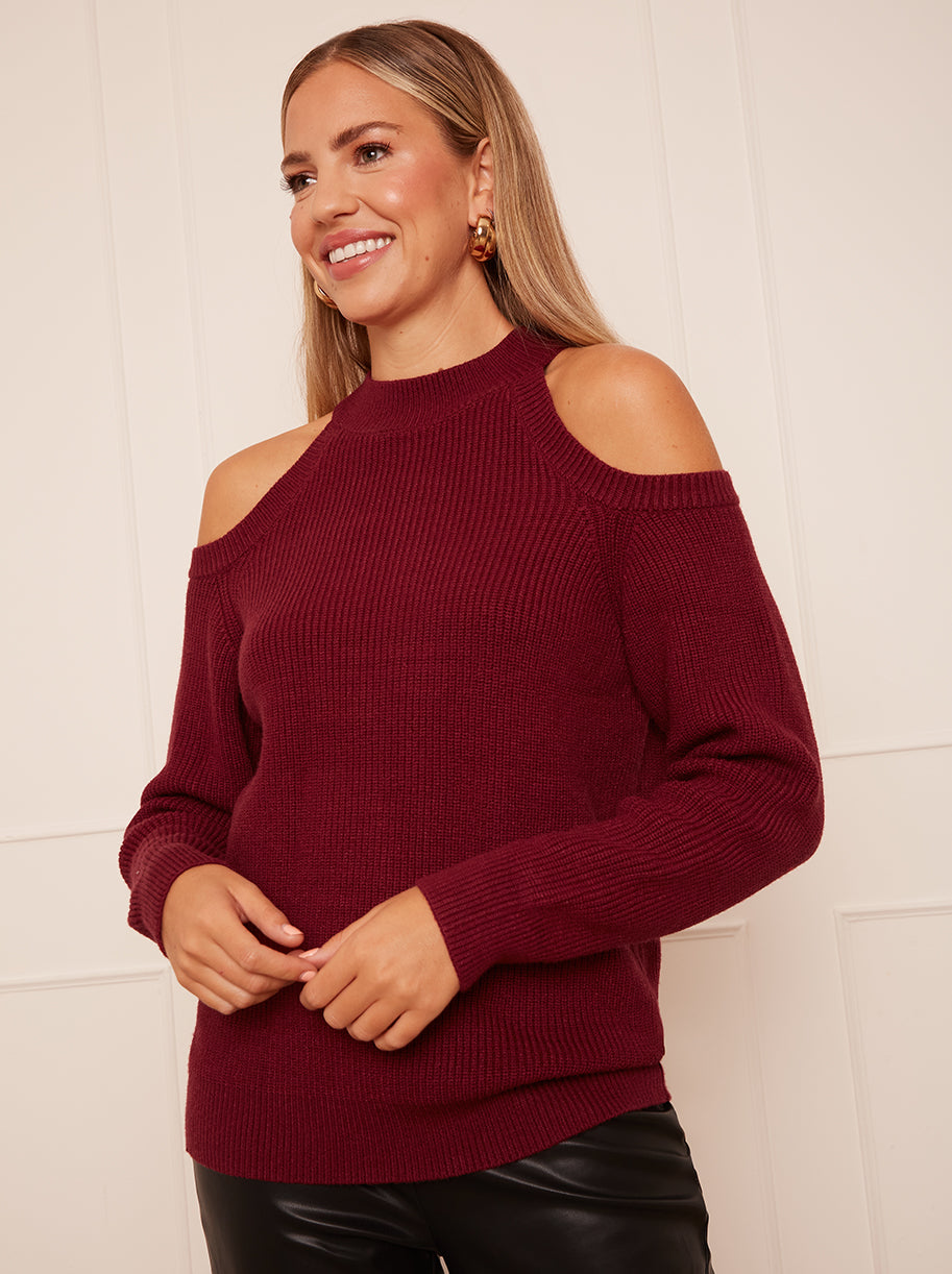 Chi Chi Cold Shoulder Knitted Rib Jumper in Burgundy, Small