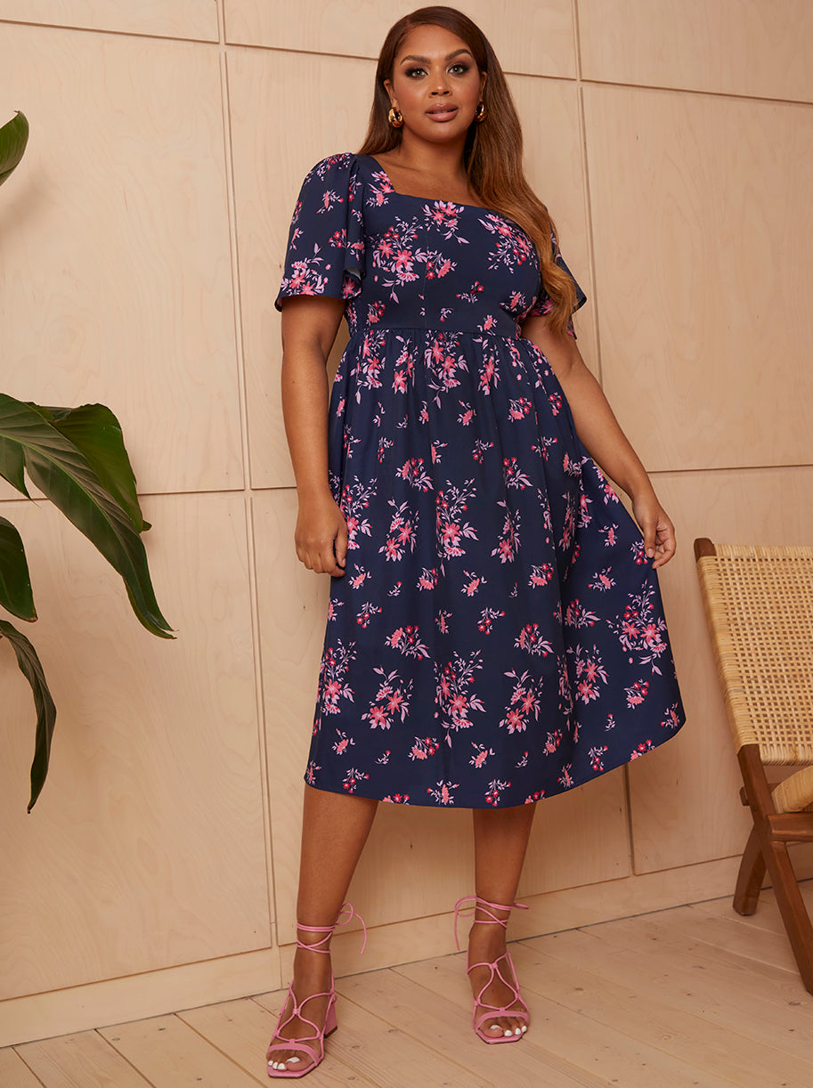 Chi Chi Square Neck Ditsy Floral Midi Dress in Navy, Size 8