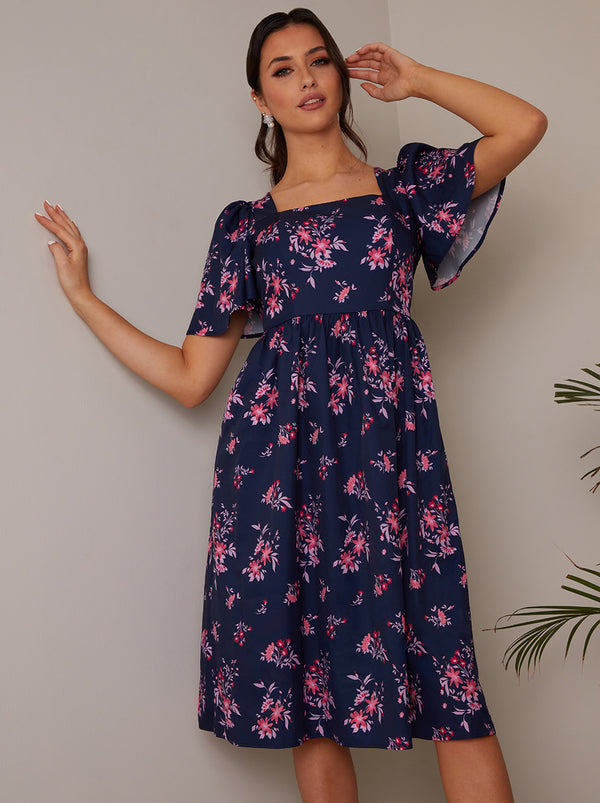 Floral Print Pleated Midi Skater Dress in Navy – Chi Chi London