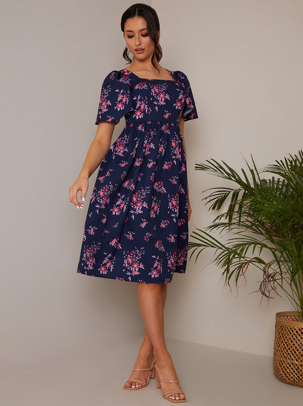 Floral Print Pleated Midi Skater Dress in Navy – Chi Chi London