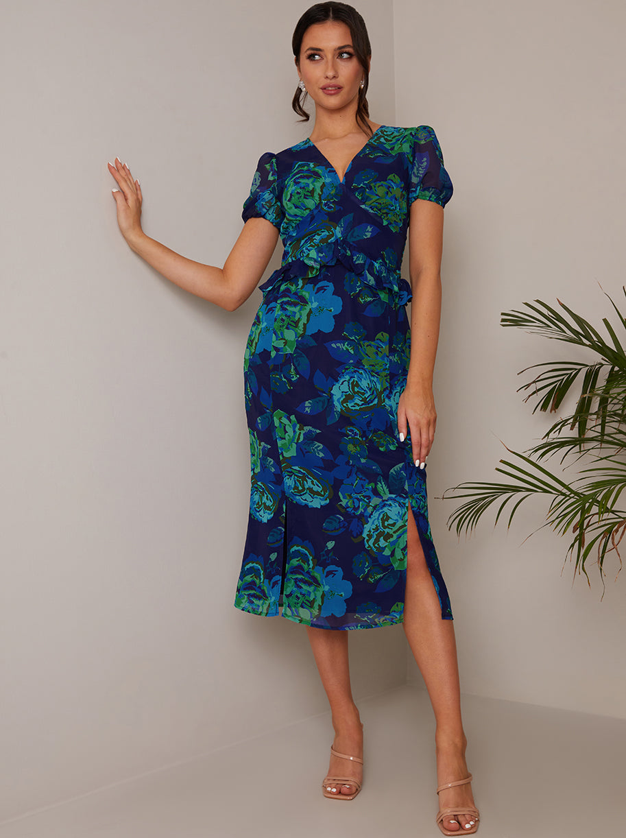 Chi Chi Petite Puff Sleeve Ruffle Detail Floral Midi Dress in Navy, Size 4