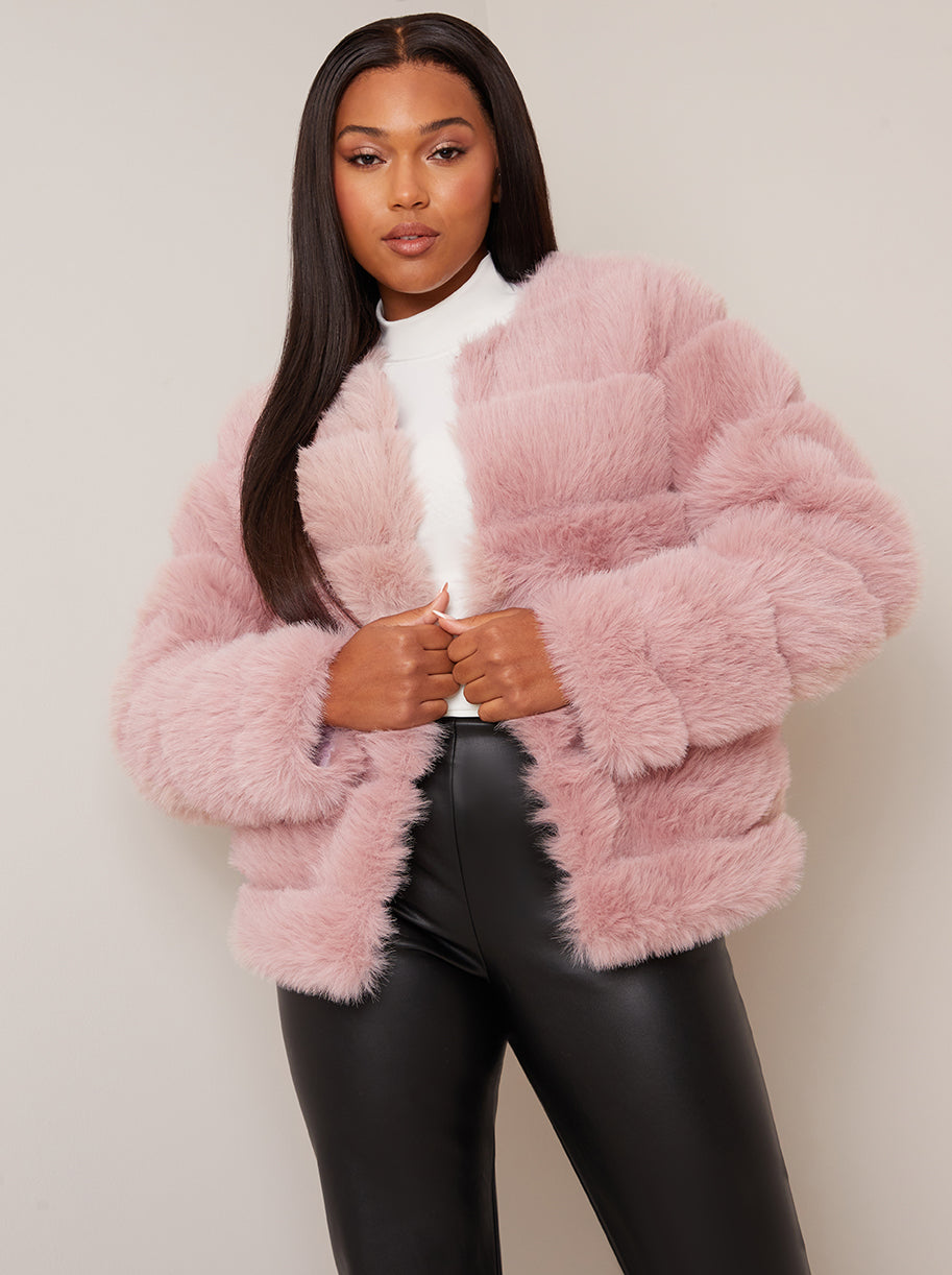 Chi Chi Faux Fur Stripe Jacket in Pink, Size 14