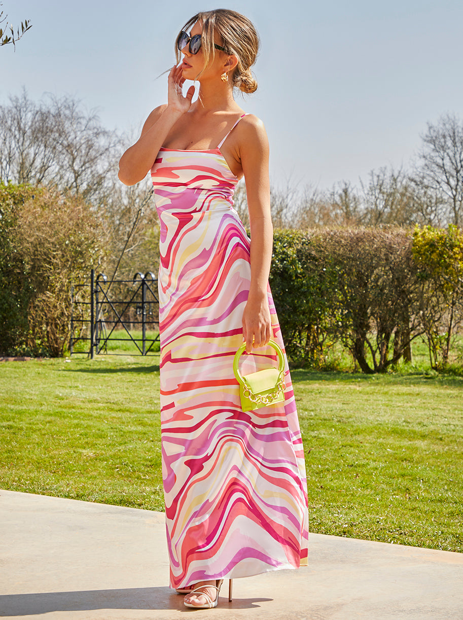 Chi Chi Cami Crossover Strap Swirl Print Maxi Dress in Pink, Size 10