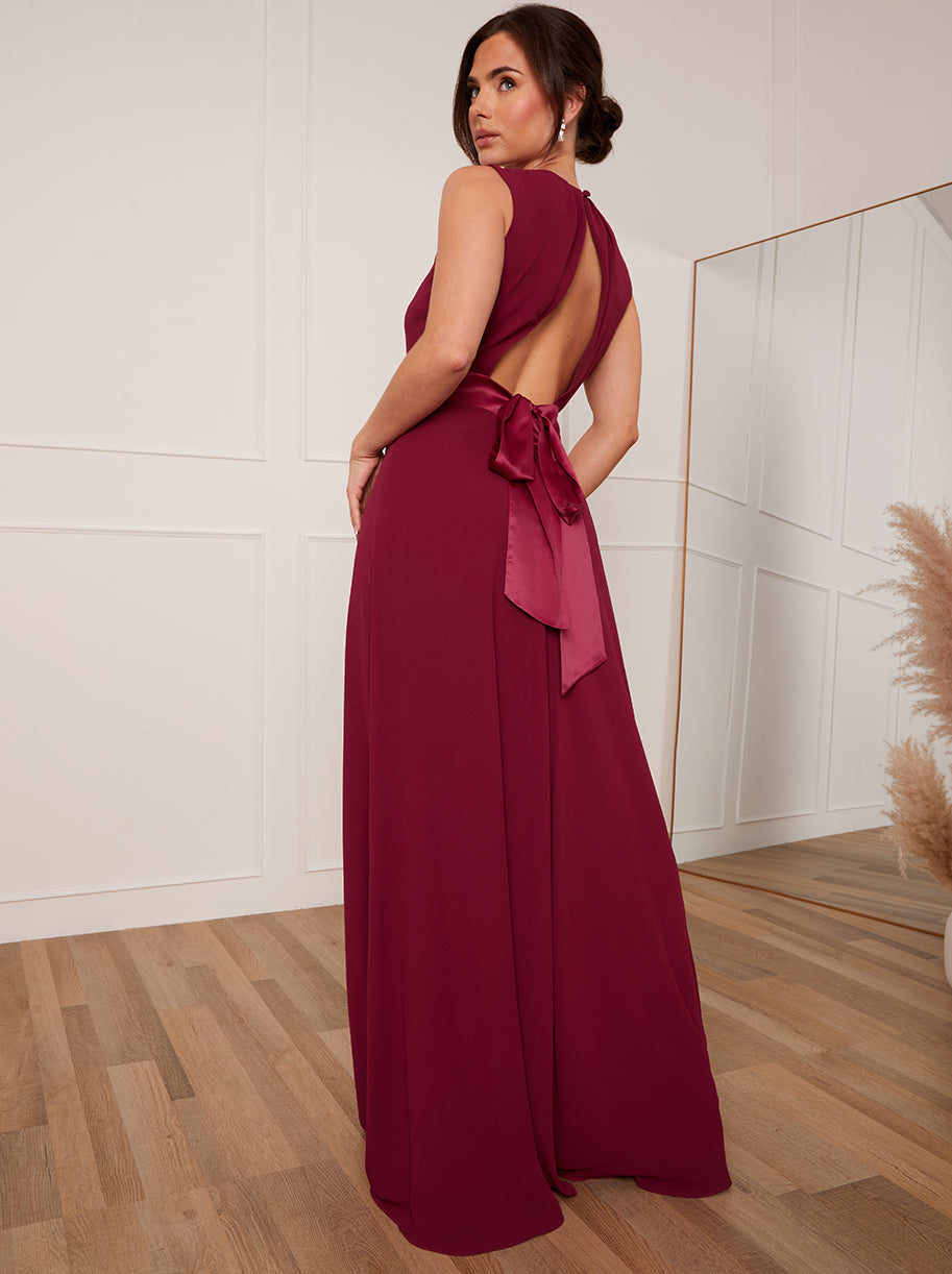 Chi Chi Petite Cut-Out Bow Back Maxi Dress in Wine in Red, Size 4