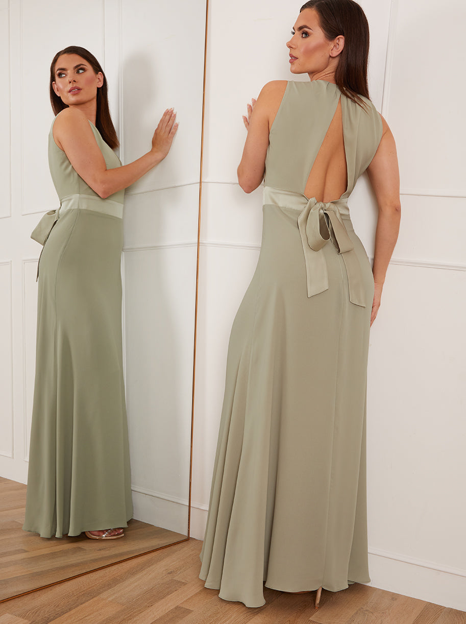 Chi Chi Petite Cut-Out Bow Back Maxi Dress in Sage in Green, Size 8