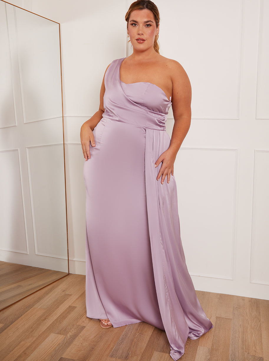 Chi Chi Plus Size One Shoulder Satin Maxi Dress in Lilac in Purple, Size 26