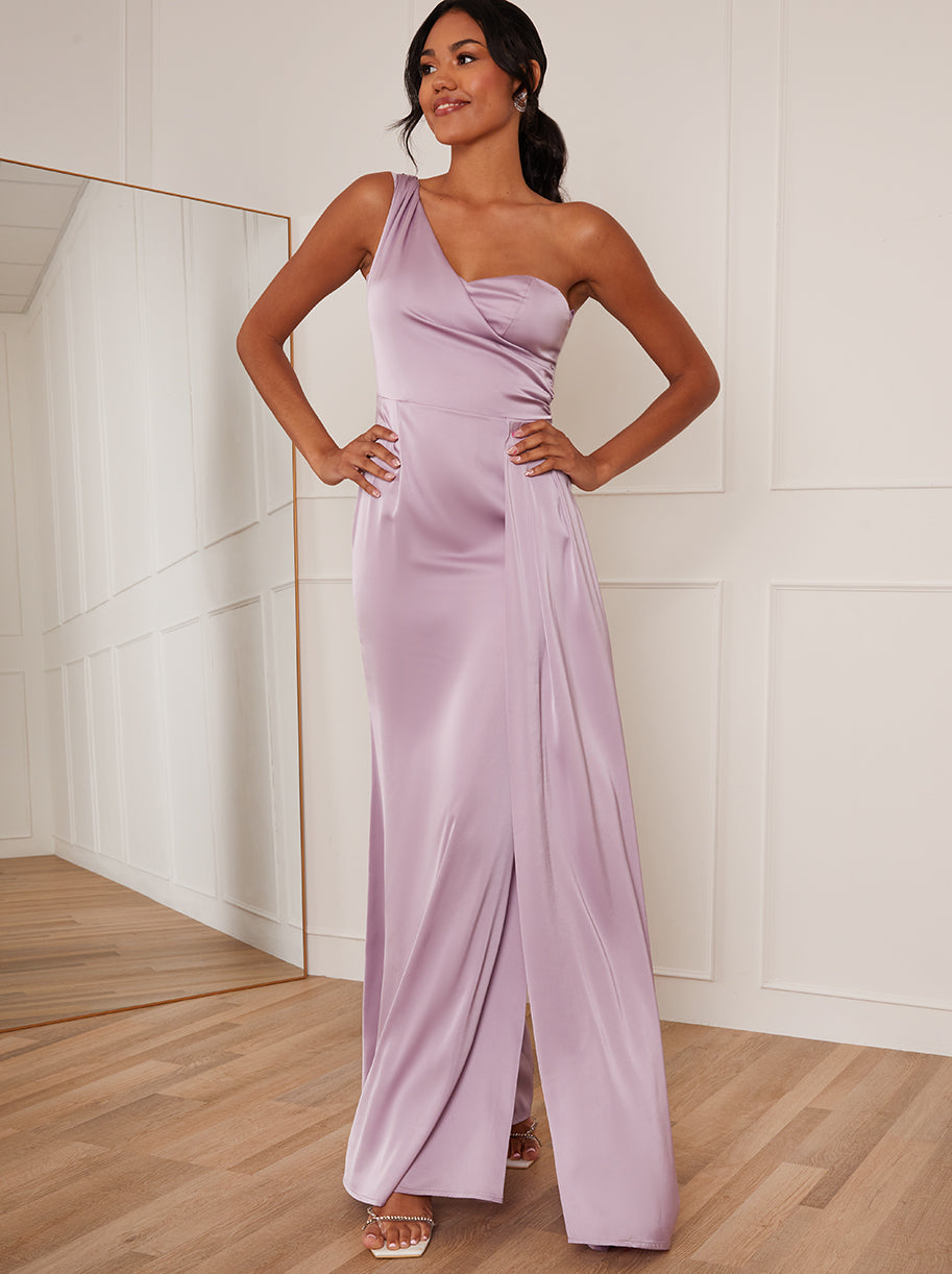 Chi Chi One Shoulder Satin Maxi Dress in Lilac in Purple, Size 16