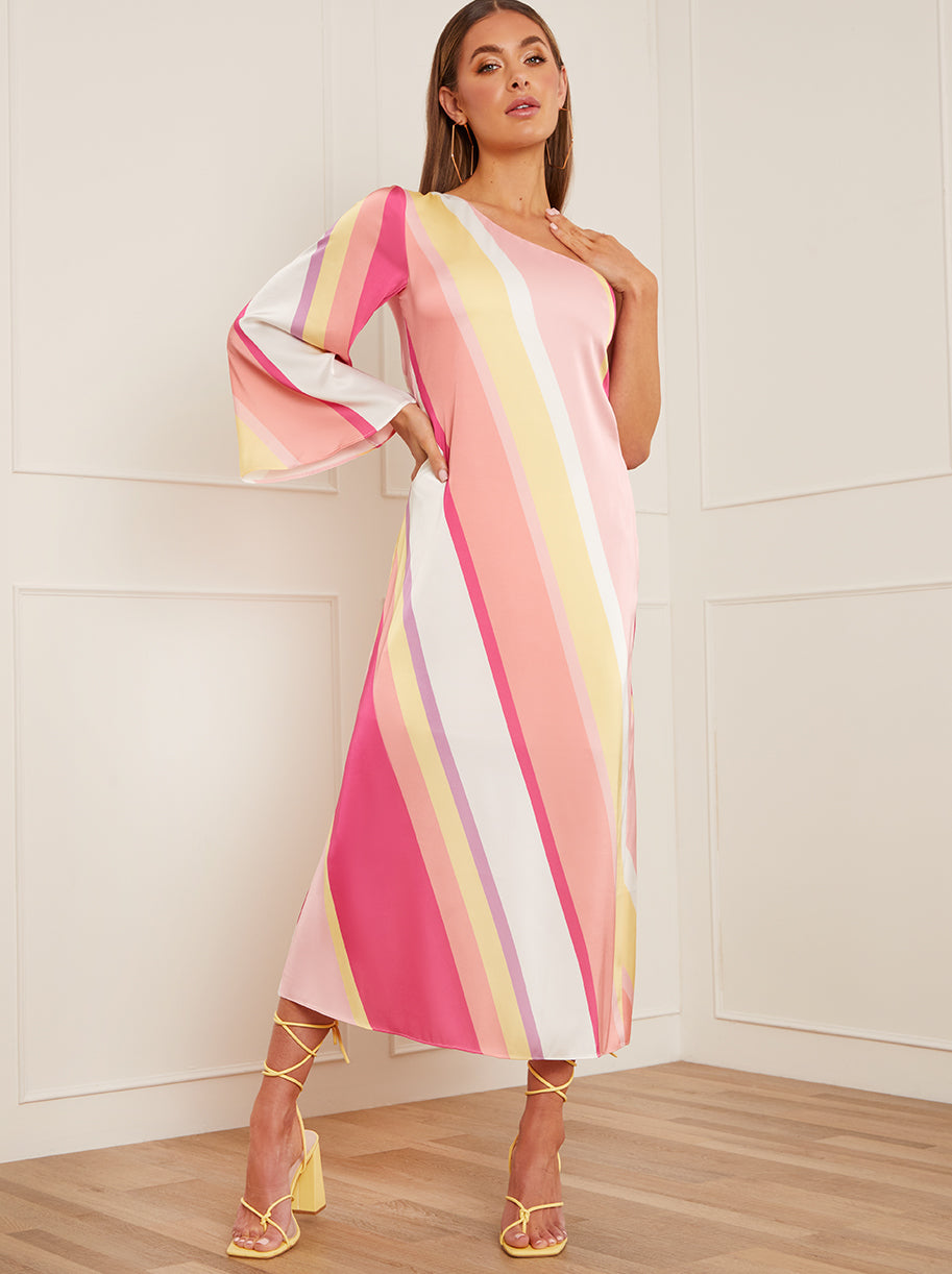Chi Chi One-Shoulder Long Sleeve Stripe Print Midi Dress in Pink, Size 10