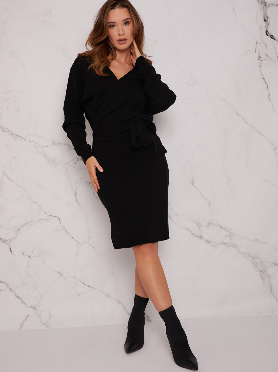 Chi Chi V Neck Wrap Jumper Dress in Black, Medium