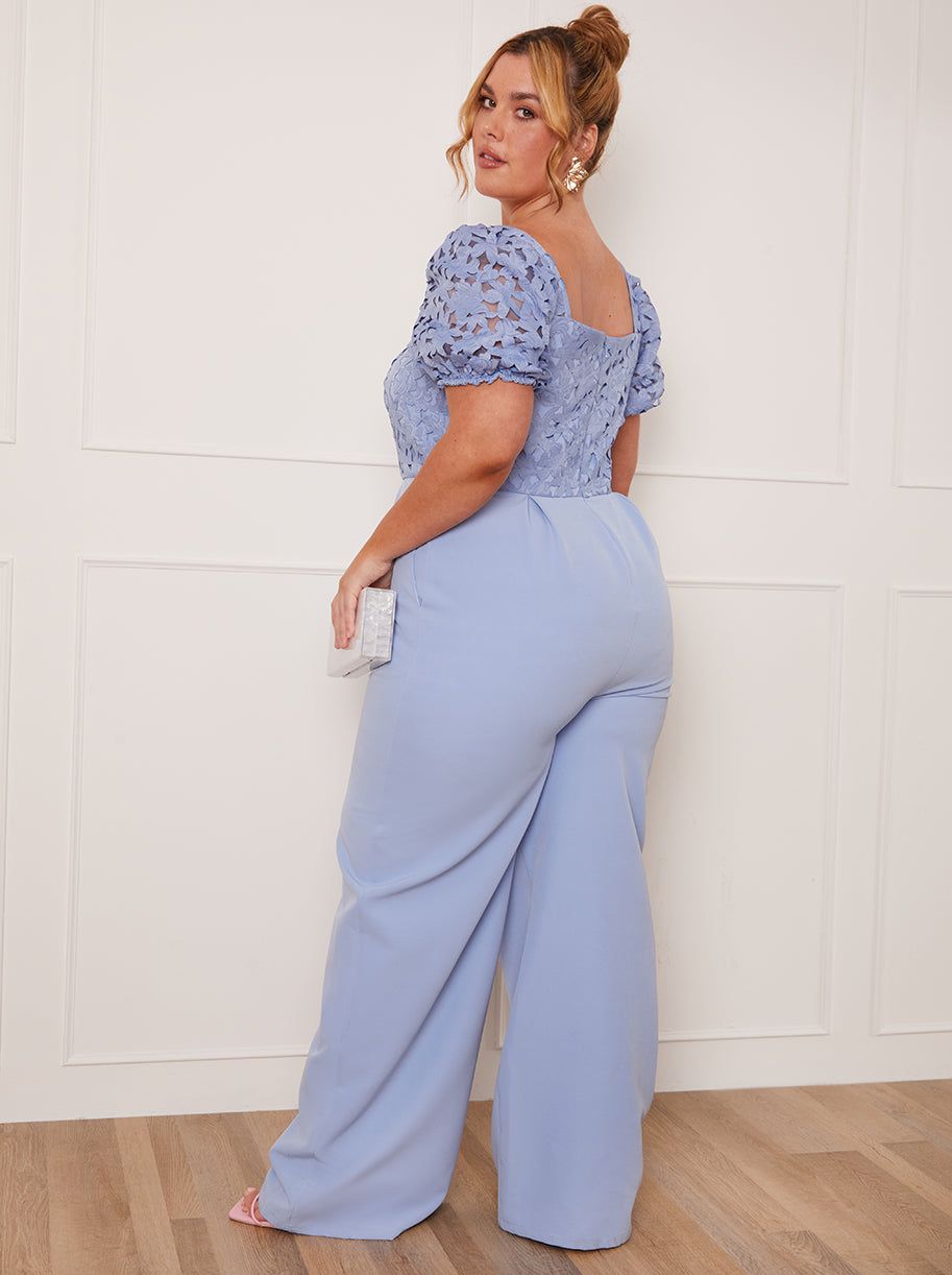 Chi Chi Plus Size Puff Sleeve Crochet Jumpsuit in Blue, Size 26