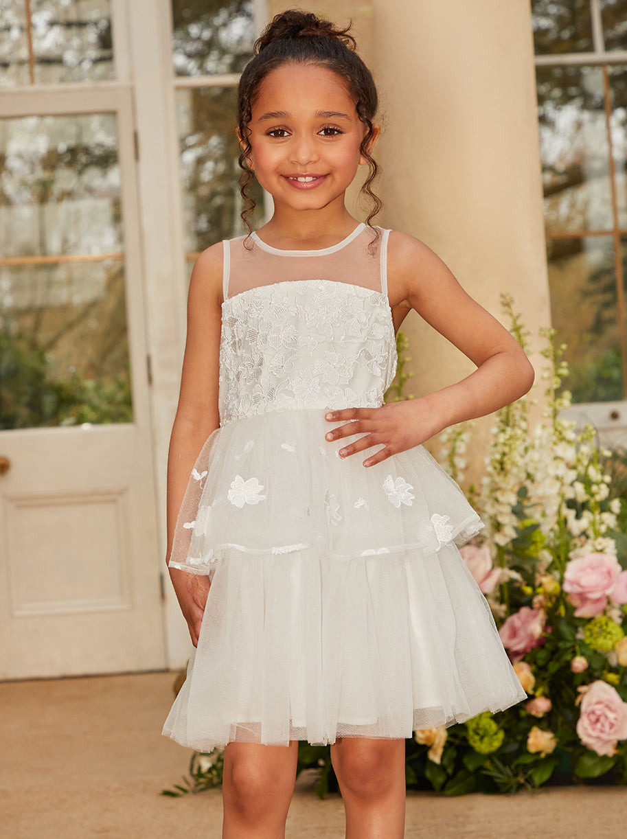 Chi Chi Floral Lace Tiered Midi Dress in White, Size 8 Years