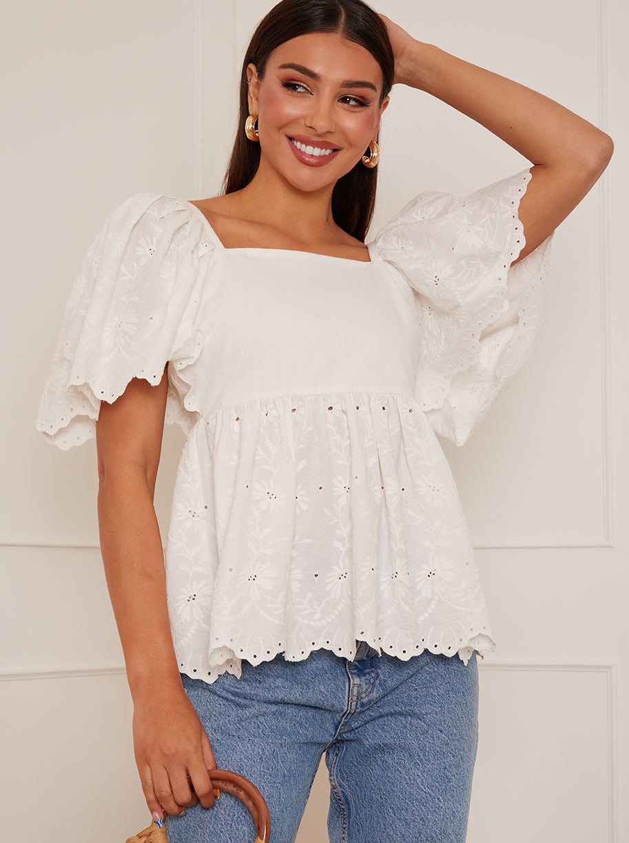 Chi Chi Short Sleeve Broderie Anglaise Peplum Top in White, Size 8