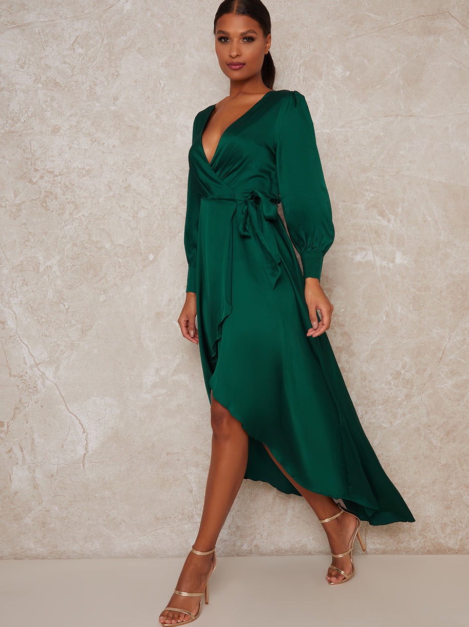 Satin Wrap Long Sleeve Dip Hem Dress in Green – Chi Chi London