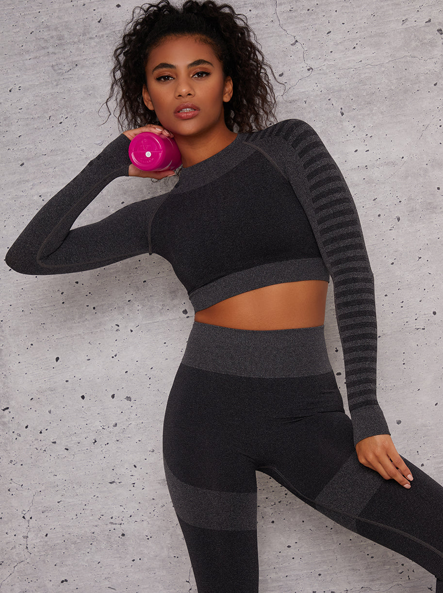 Chi Chi Long Sleeved Cropped Sports Top in Black, Large