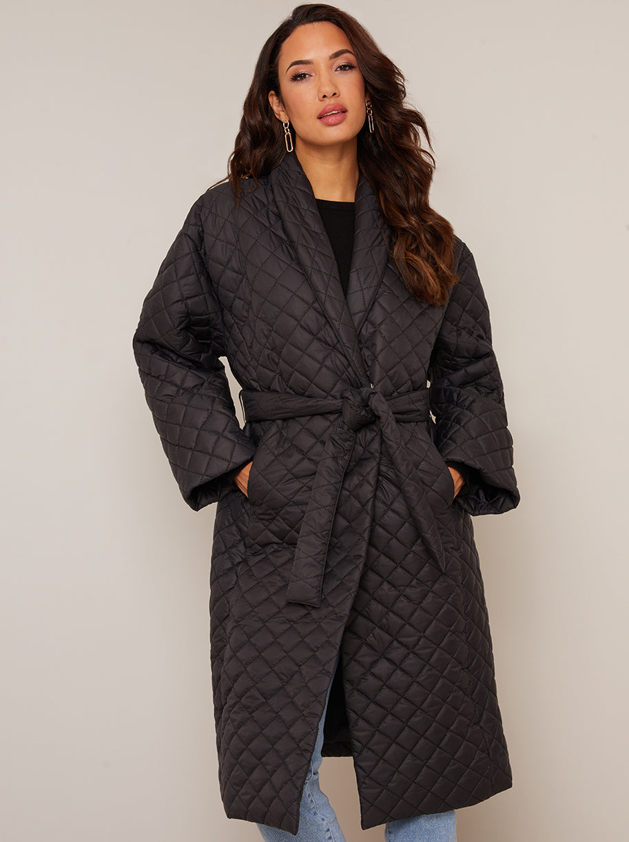 Chi Chi Diamond Quilted Longline Belted Coat in Black, Size 14