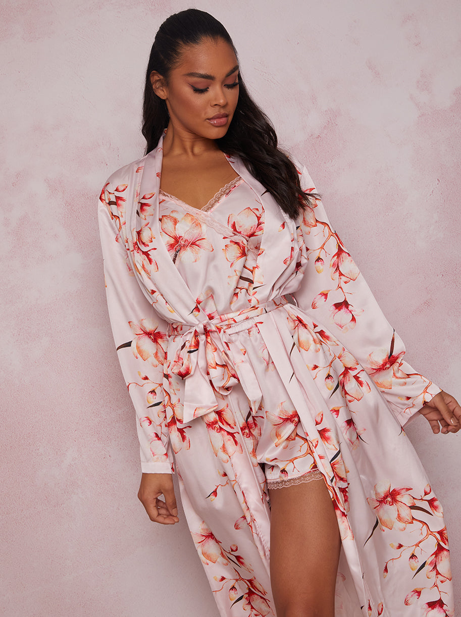 Chi Chi Floral Blossom Print Robe in Pink, Size 8